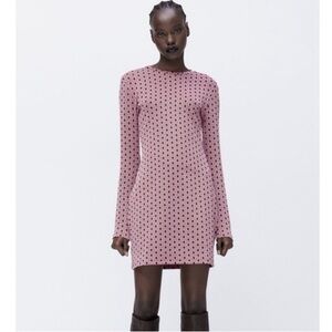 Zara Bodycon Long Sleeve Print Dress 70s 60s Size Large Mauve Brown